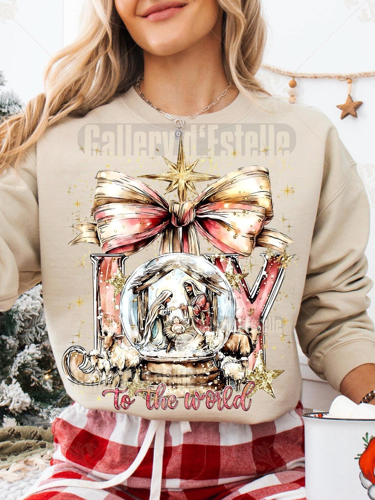 Joy to the World Nativity Scene PNG, Preppy Christian Graphic, Pink Christmas Sublimation, Coquette Holiday Shirt Design