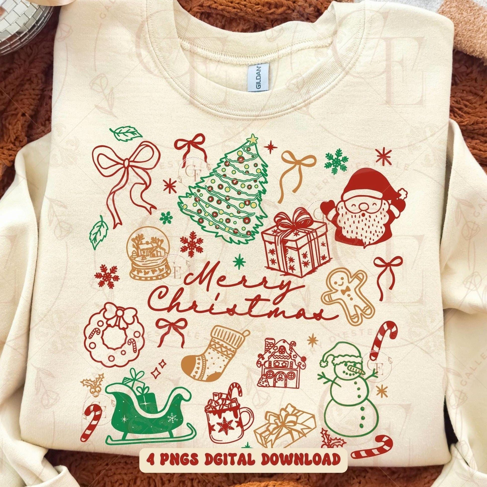 Beige sweatshirt with Christmas-themed graphics on a beige t-shirt