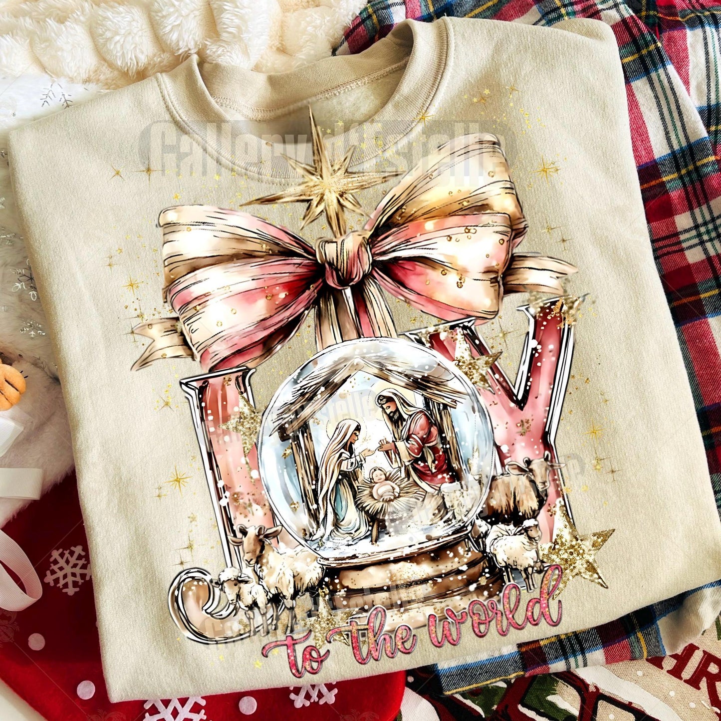 Joy to the World Nativity Scene PNG, Preppy Christian Graphic, Pink Christmas Sublimation, Coquette Holiday Shirt Design