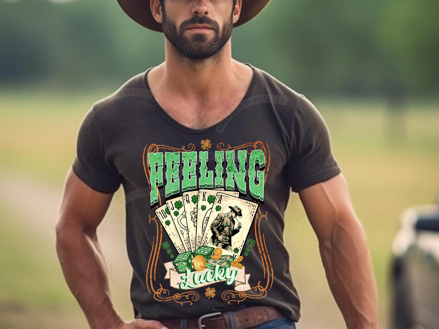 St. Patrick's Day Feeling Lucky PNG, Vintage Wild West Cowboy Poker Art, Festive Western Rodeo Shirt Design