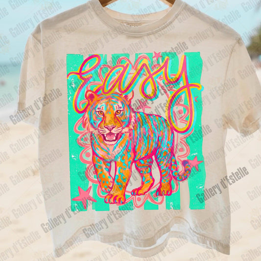 Preppy Easy Tiger PNG, Retro Summer Stripes Graphic, Funny Colorful Beach Shirt Design