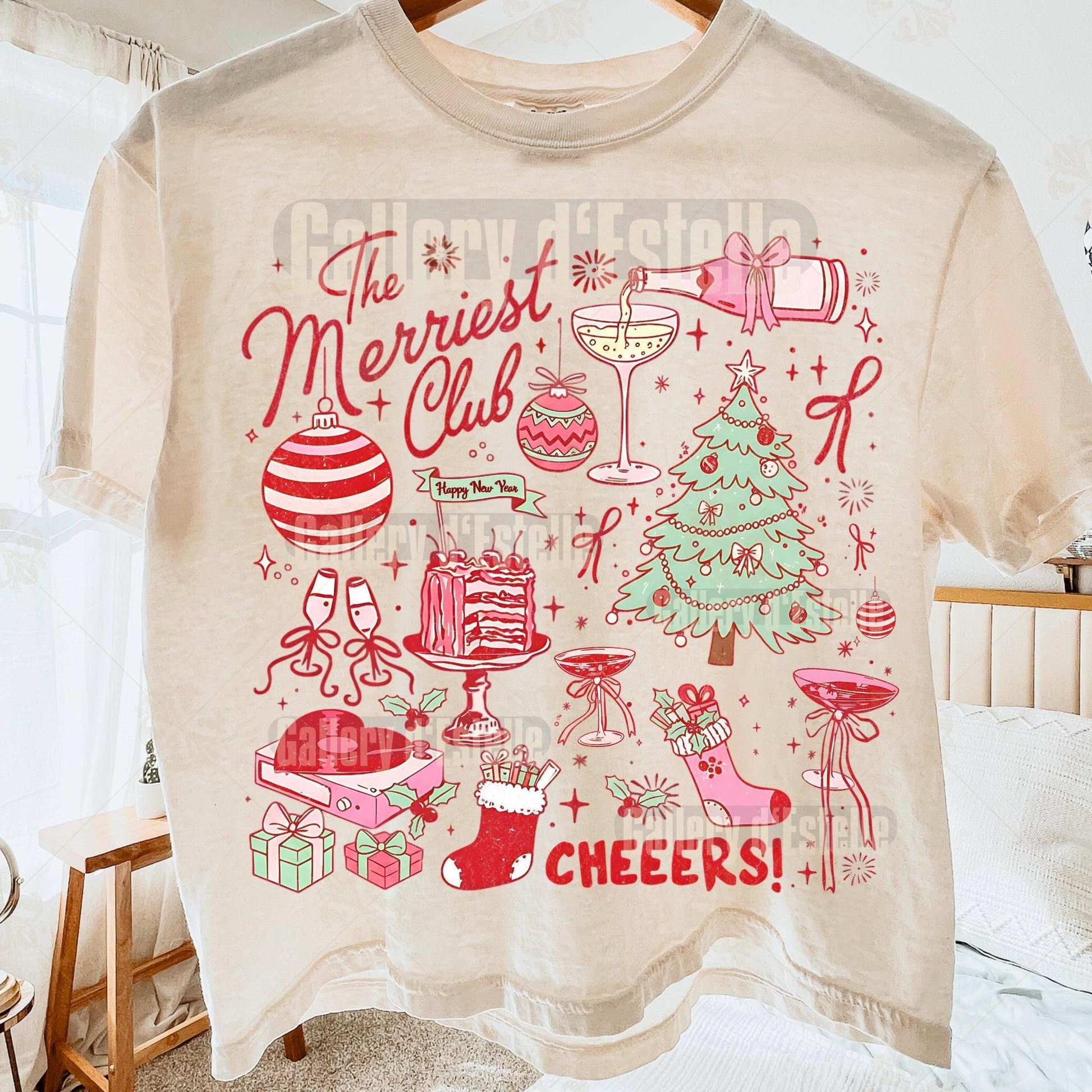 Beige t-shirt with festive red and green graphics and text on a floral background