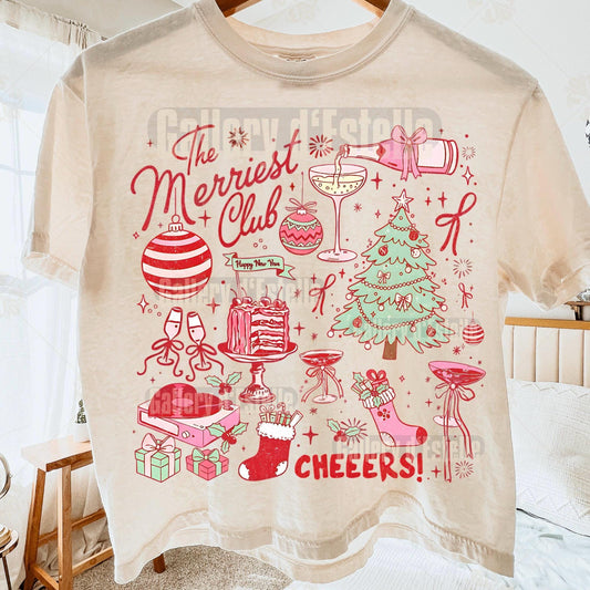 Coquette Merriest Club PNG, Cute Christmas Collage Graphic, Retro Holiday Party Design, Trendy Festive Shirt Sublimation
