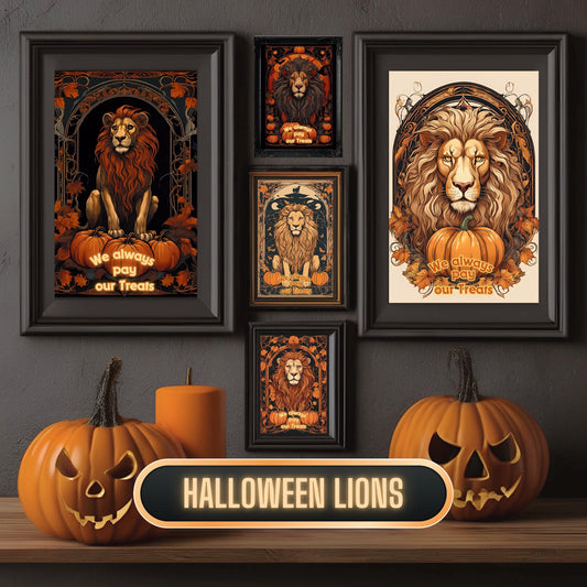 Halloween Lions Wall Art Bundle, "House Trickster" Spooky Decor and Art Nouveau Decoration for Halloween