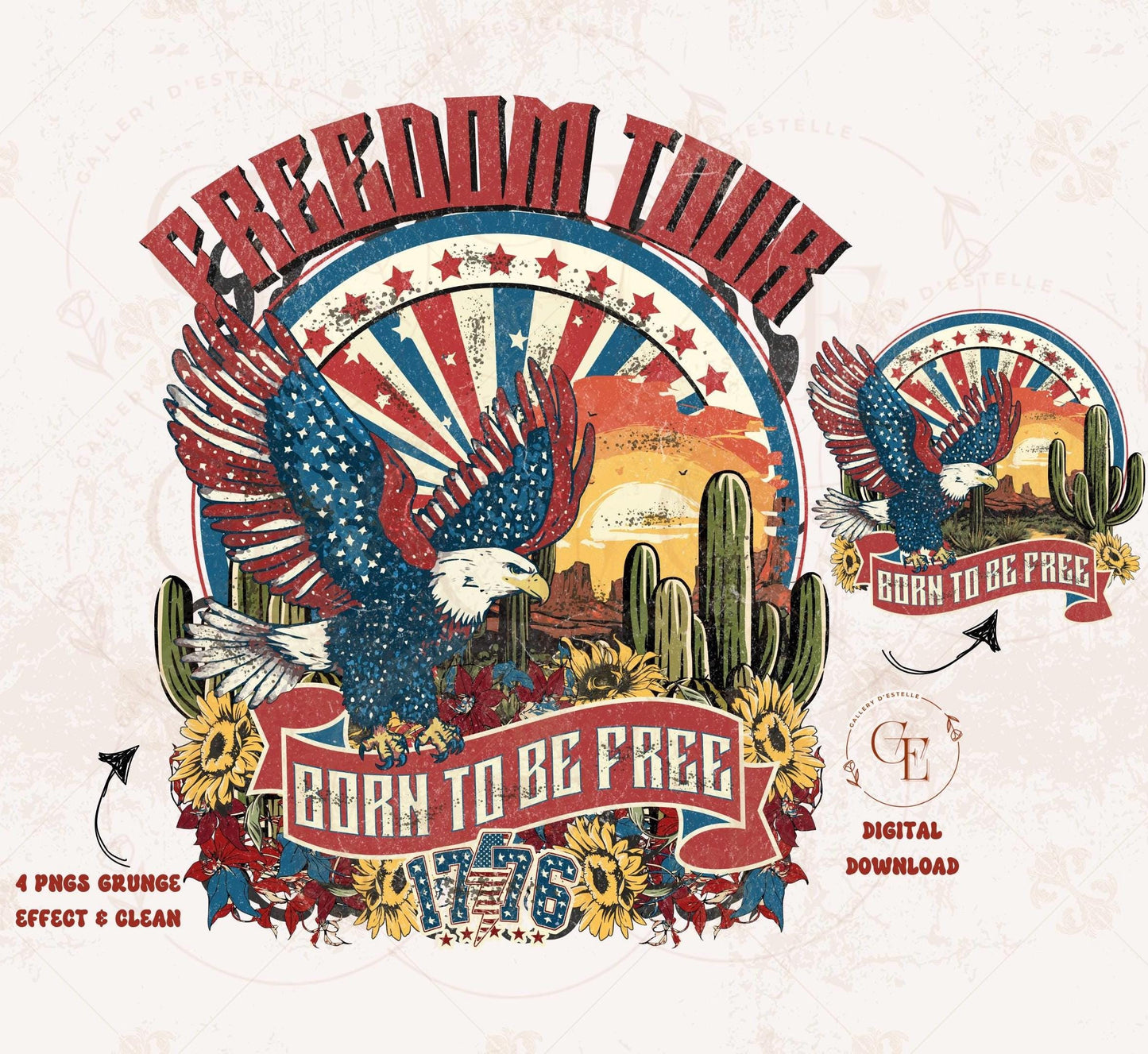 Freedom Tour Western PNG featuring American eagle with Independence Day graphic and edgy 4th of July patriotic elements for party shirt design