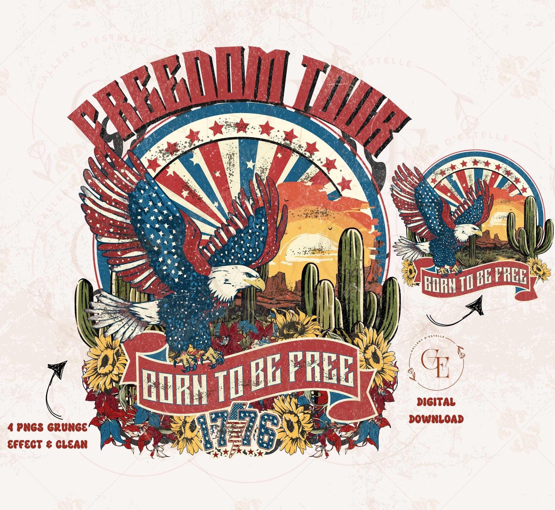 Freedom Tour Western PNG featuring American eagle with Independence Day graphic and edgy 4th of July patriotic elements for party shirt design