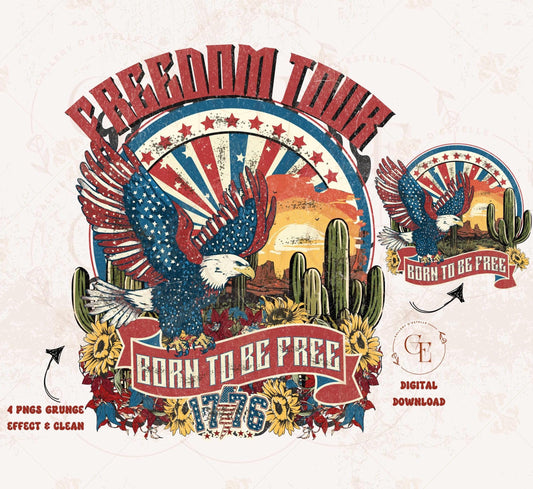 Freedom Tour Western PNG featuring American eagle with Independence Day graphic and edgy 4th of July patriotic elements for party shirt design