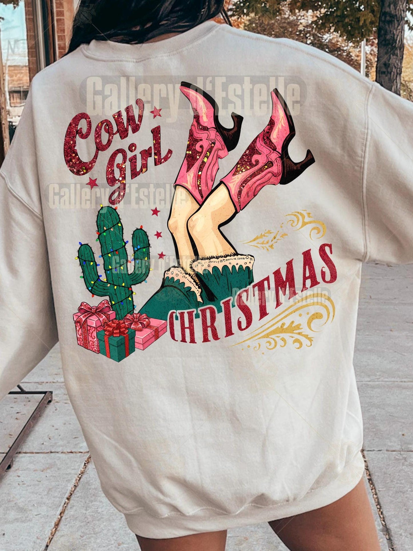 Preppy Cowgirl Christmas PNG, Retro Western Boots Holiday Graphic, Festive Country Shirt Design