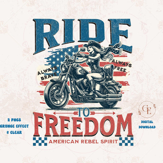 American Rebel Cowgirl PNG featuring vintage motorcycle biker with western cowgirl elements and edgy Independence Day freedom ride design