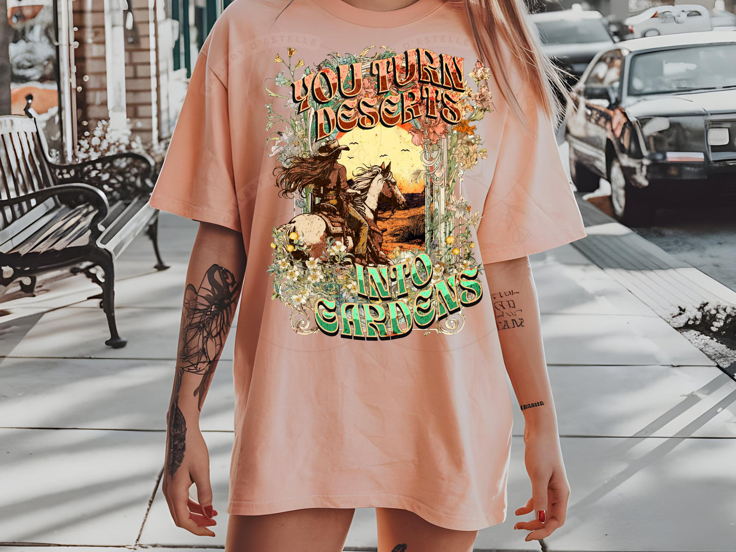 You turn Deserts into Gardens PNG, Boho Western Cowgirl Rodeo Graphic, Floral Wild West Art, Trendy Country Shirt Design