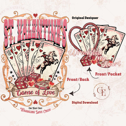 St. Valentines Game of Love PNG with Western cowboy casino poker card design
