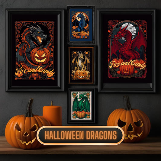 Halloween Dragons Wall Art Bundle-"House Spookaryen", Spooky Art Nouveau Prints for Halloween Decoration
