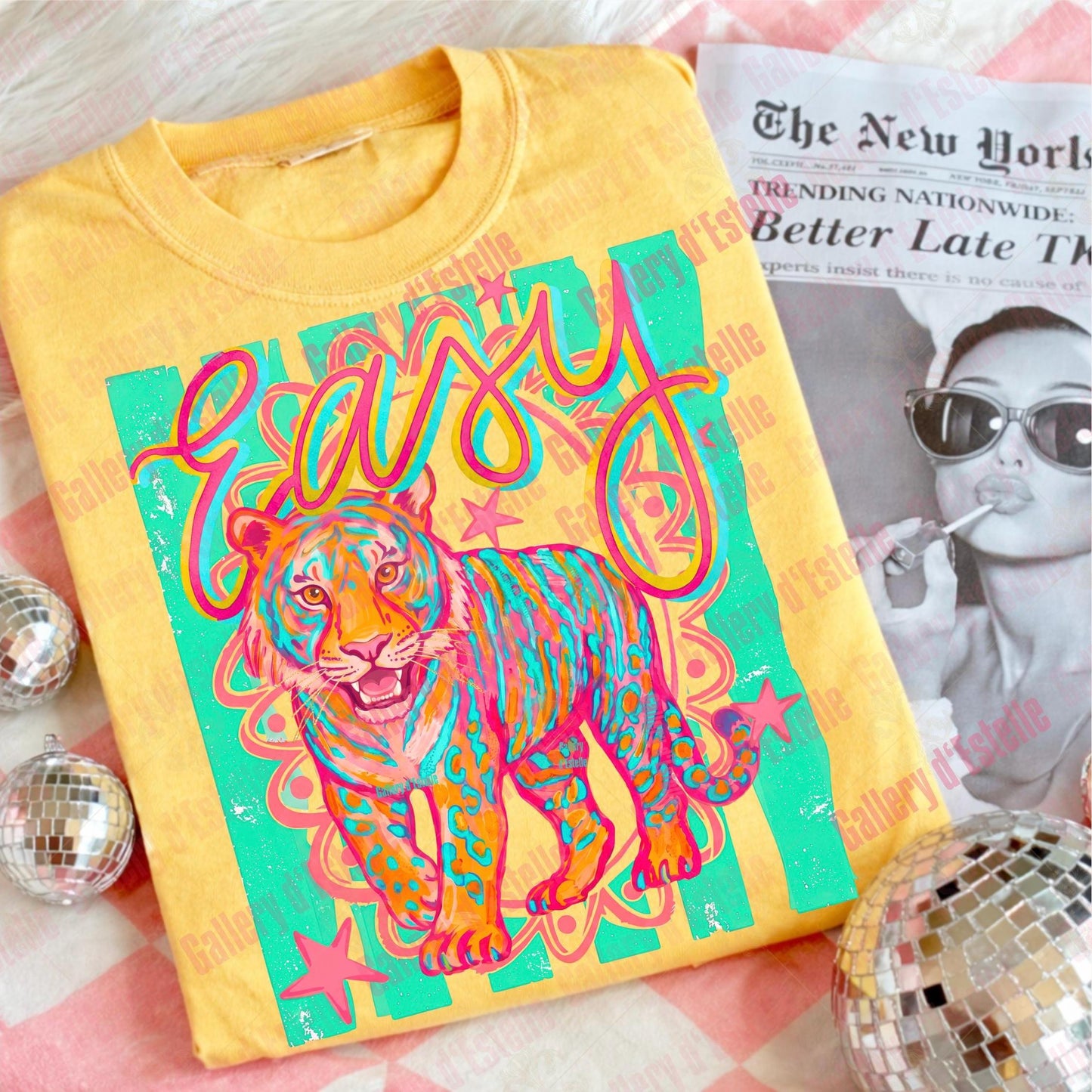 Preppy Easy Tiger PNG, Retro Summer Stripes Graphic, Funny Colorful Beach Shirt Design