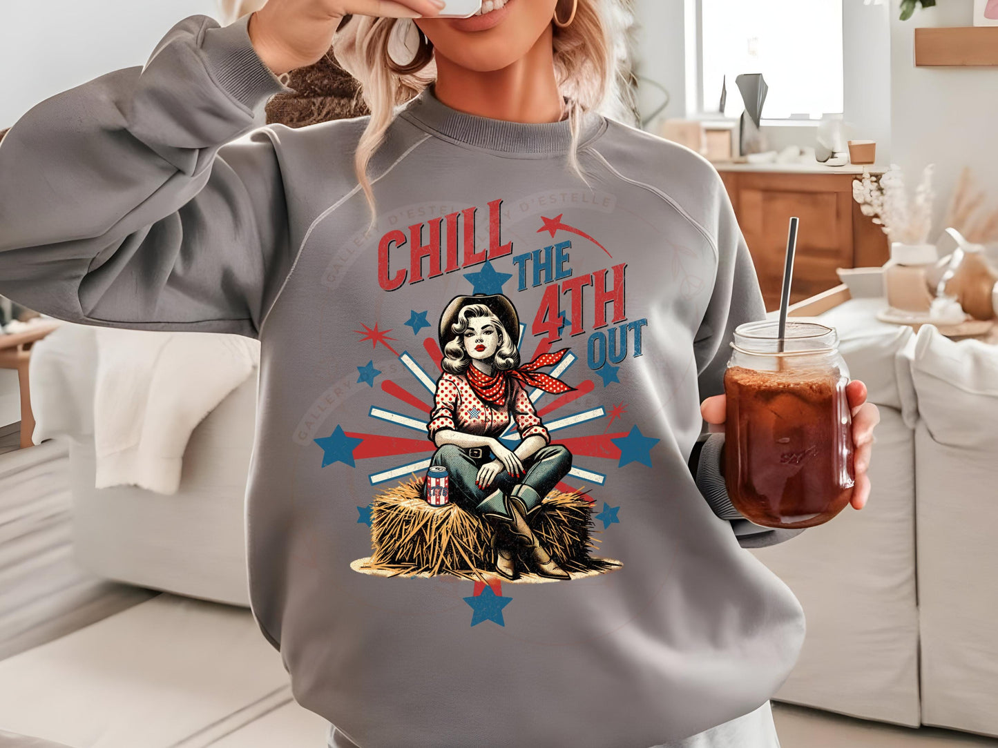 Chill the 4th Out Country PNG, Retro Western Patriotic Cowgirl Graphic, Trendy Independence Day Rodeo Shirt Design