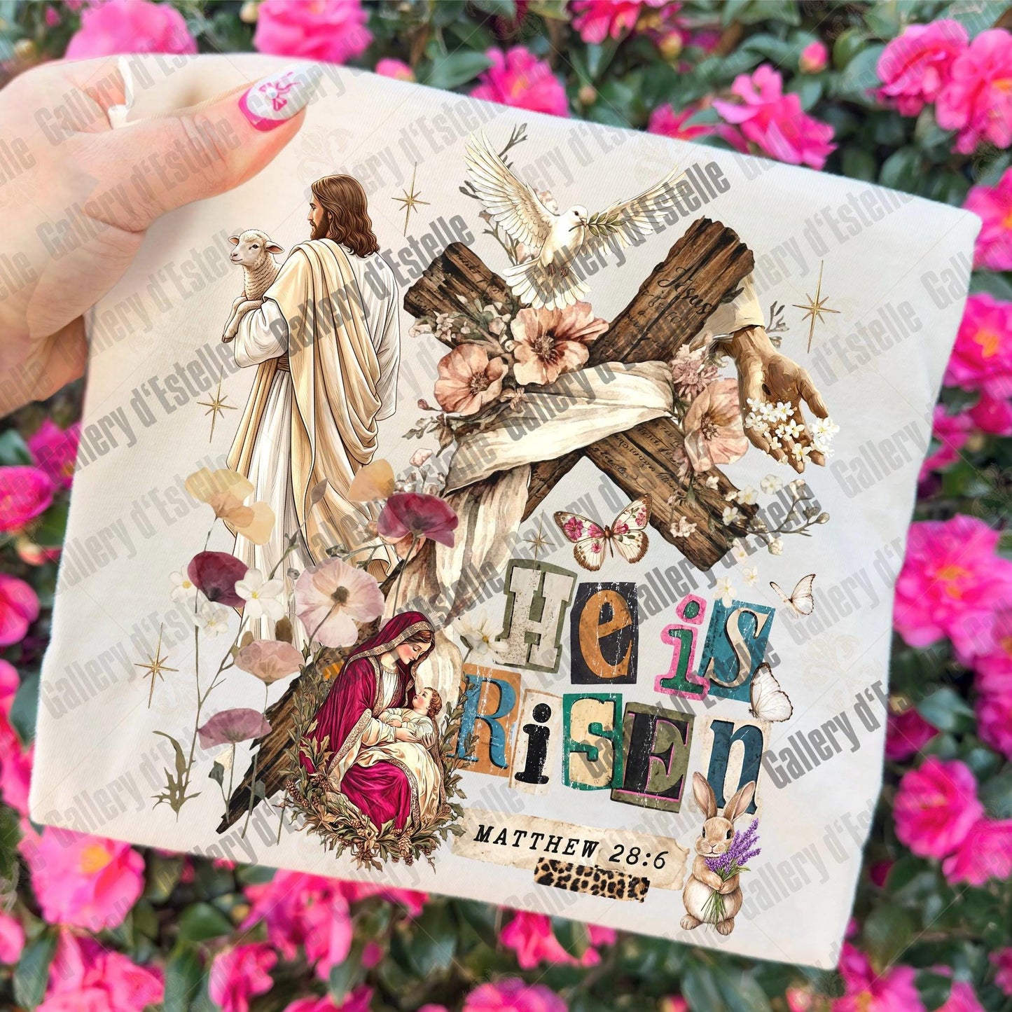 He Is Risen Collage PNG, Vintage Floral Easter Graphic, Coquette Christian Shirt Design