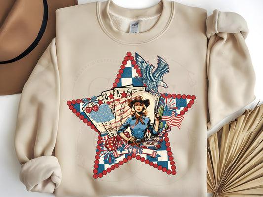 Retro Patriotic Cowgirl PNG, Western 4th of July Graphic, Vintage Checkered Poker Star Art, Trendy American Country Shirt Design