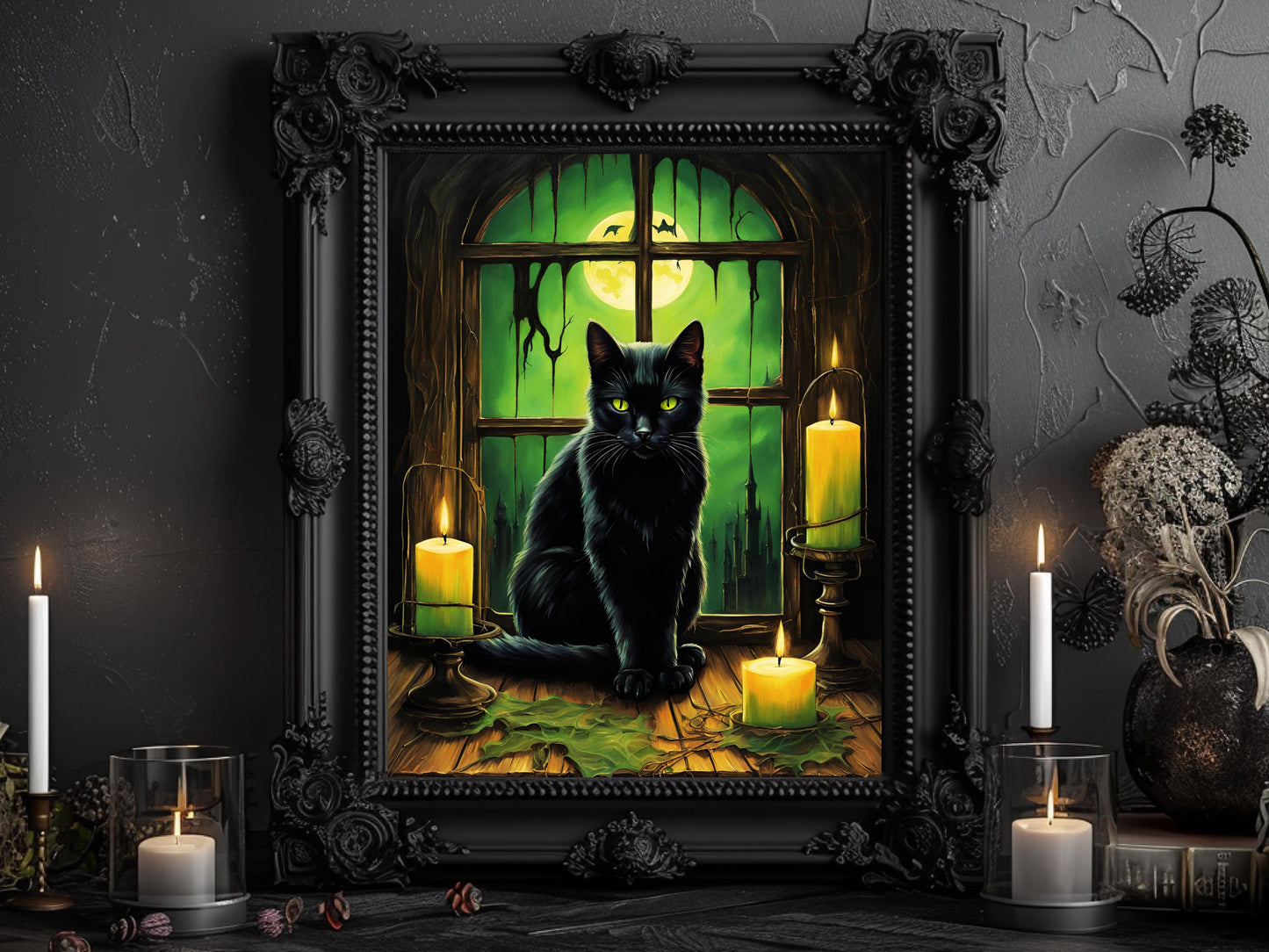 Black Cat Wall Art Print, Gothic Halloween Poster, Spooky Cat Decor, Dark Aesthetic Digital Art