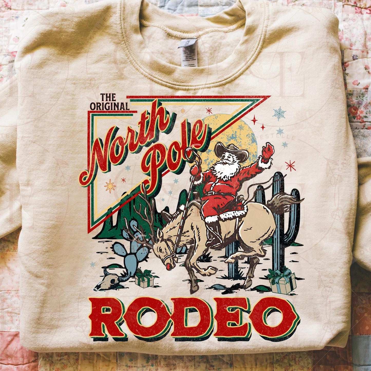Retro North Pole Rodeo PNG, Festive Cowboy Santa Christmas Graphic, Western Holiday Shirt Design
