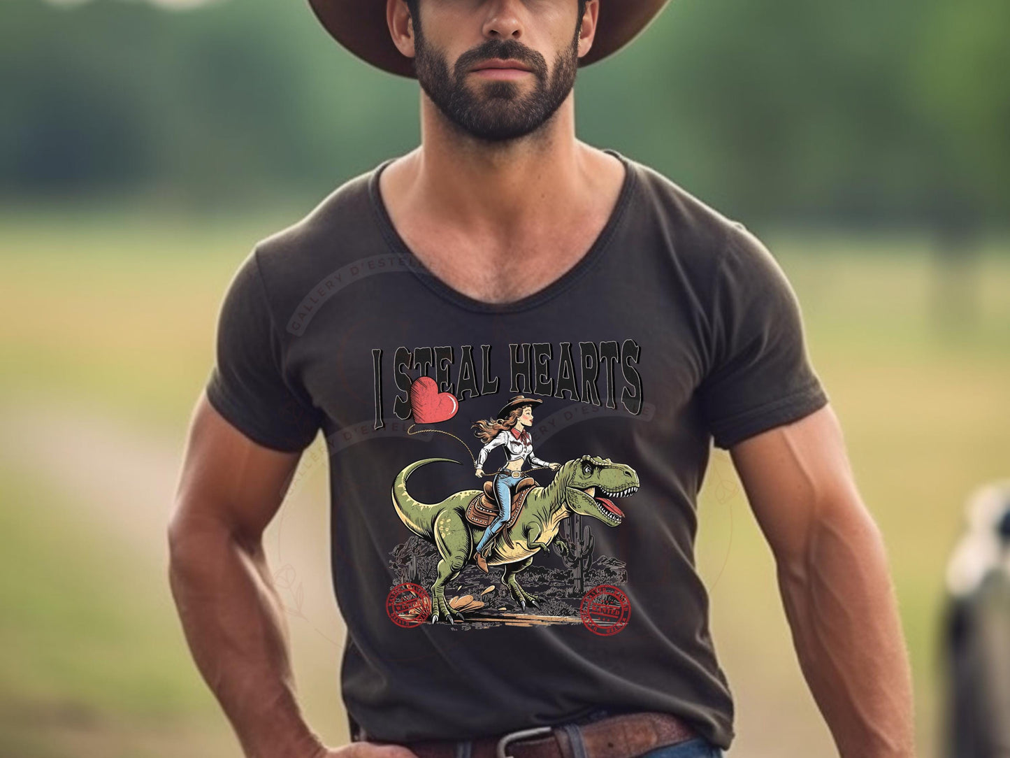 I Steal Hearts Western PNG, Retro Cowgirl Riding Dinosaur Rodeo Graphic, Cute Valentine Country Shirt Design