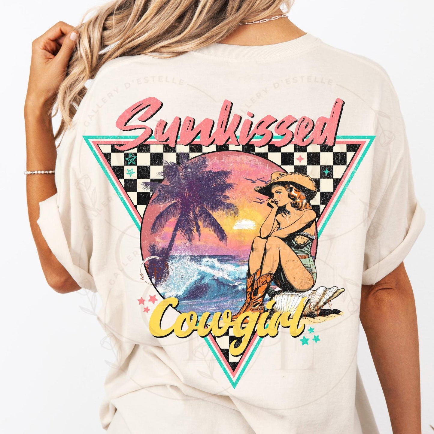 Sunkissed Cowgirl PNG, Retro Coastal Summer Vibes Graphic, Trendy Western Checkered Shirt Design