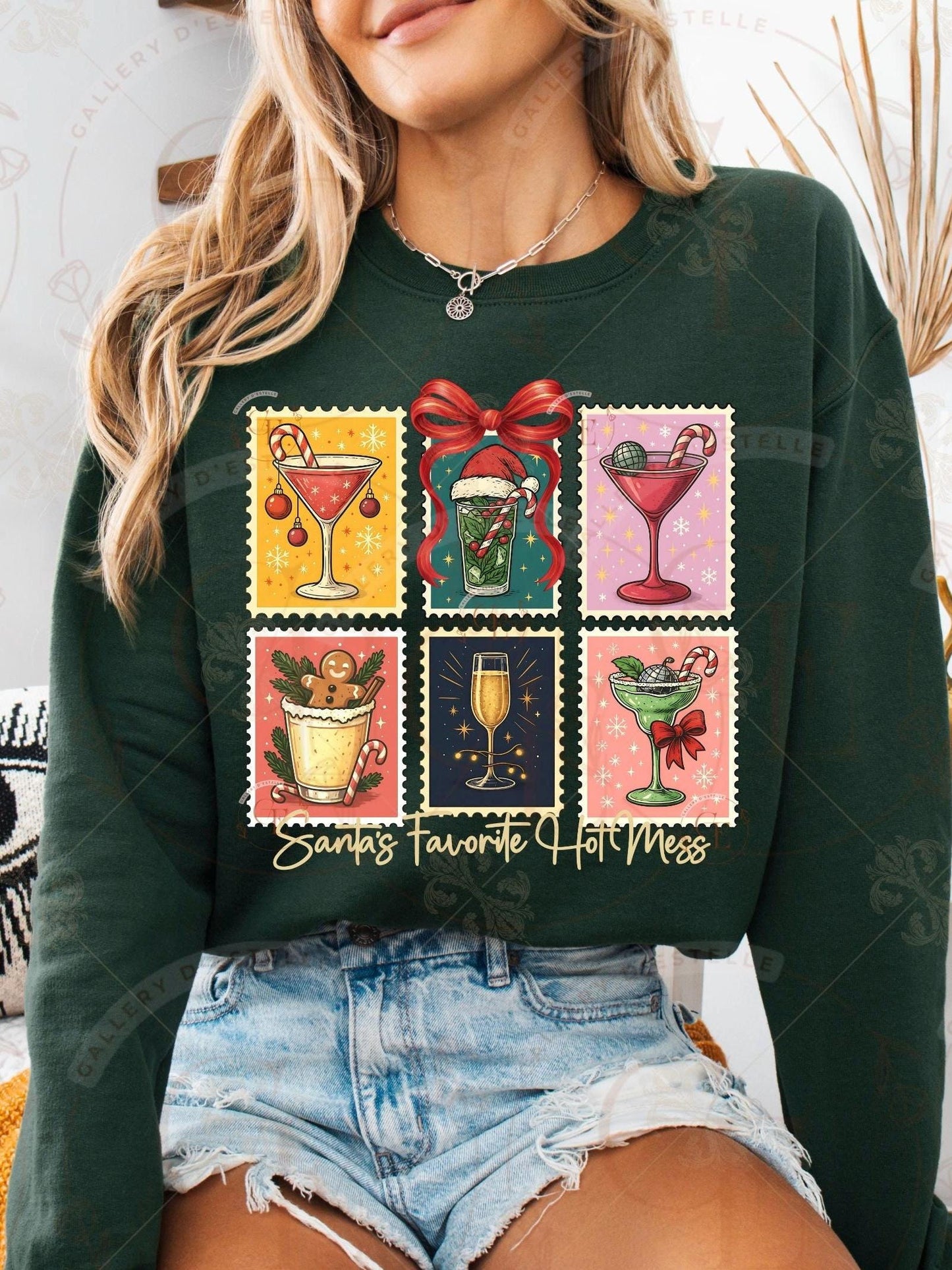 Retro Coquette Christmas Stamp PNG, Festive Santa Cocktail Collage, Holiday Spirit Drinks Graphic, Trendy Girl Christmas Shirt Design