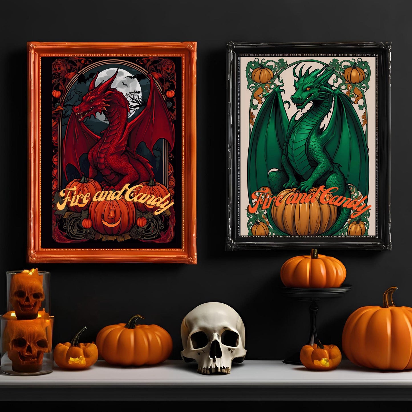 Halloween Dragons Wall Art Bundle-"House Spookaryen", Spooky Art Nouveau Prints for Halloween Decoration