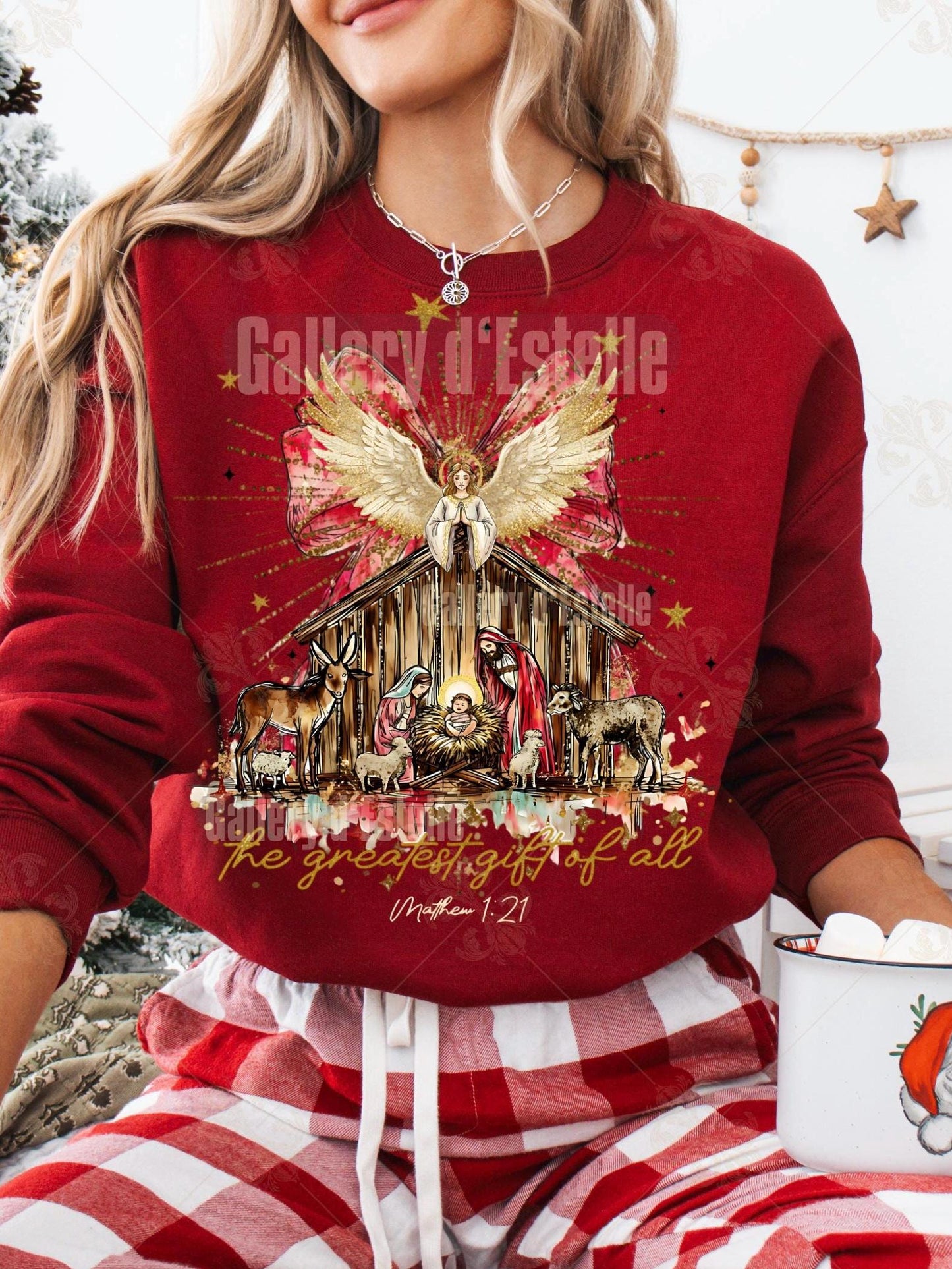 Preppy Nativity PNG, Glittery Christmas Scene Graphic, Religious Holiday Sublimation, Coquette Christian Shirt Design