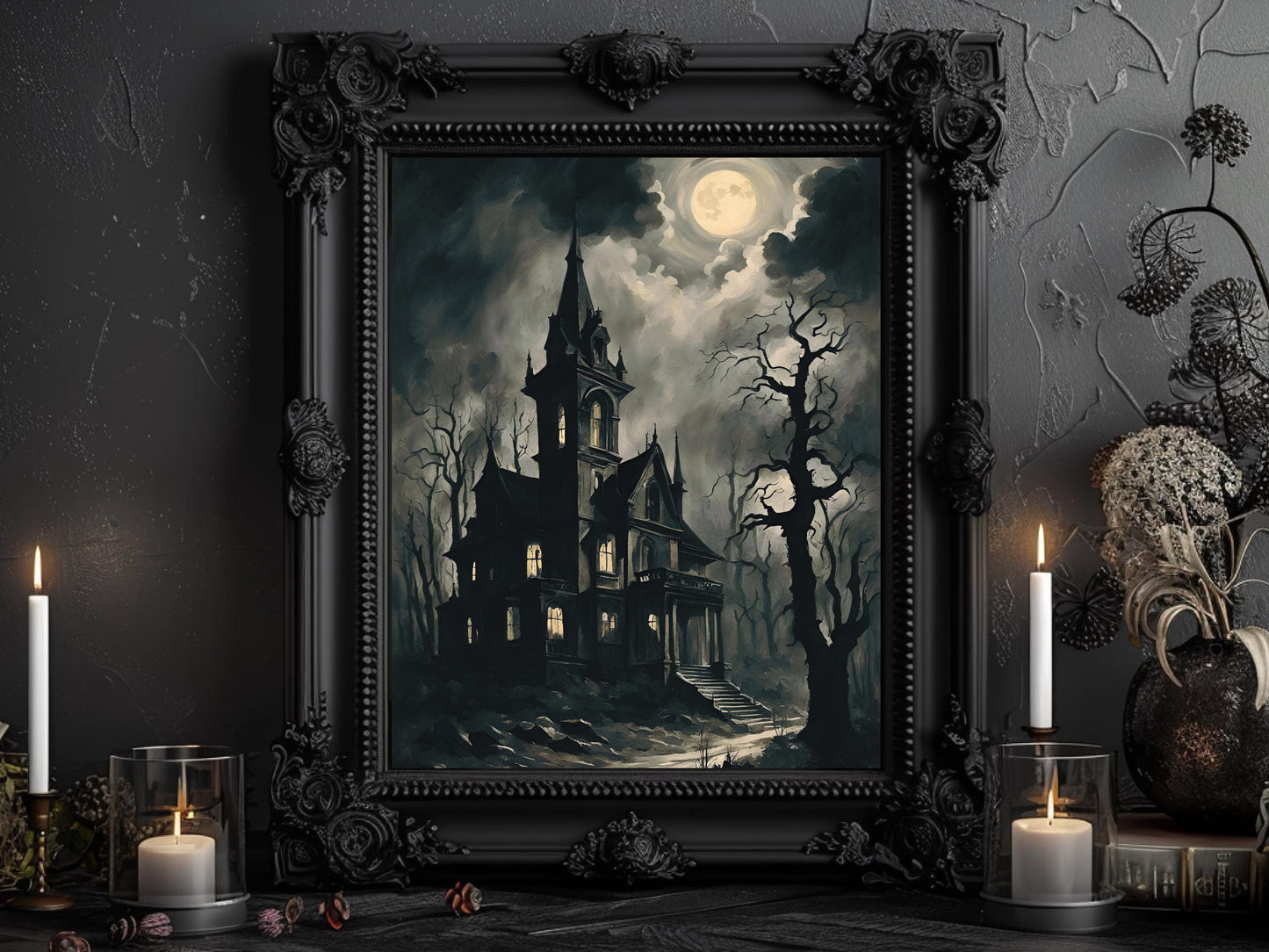 Haunted Castle Art, Victorian Gothic Wall Decor for Halloween, Spooky Edgy Dark Aesthetic Castle