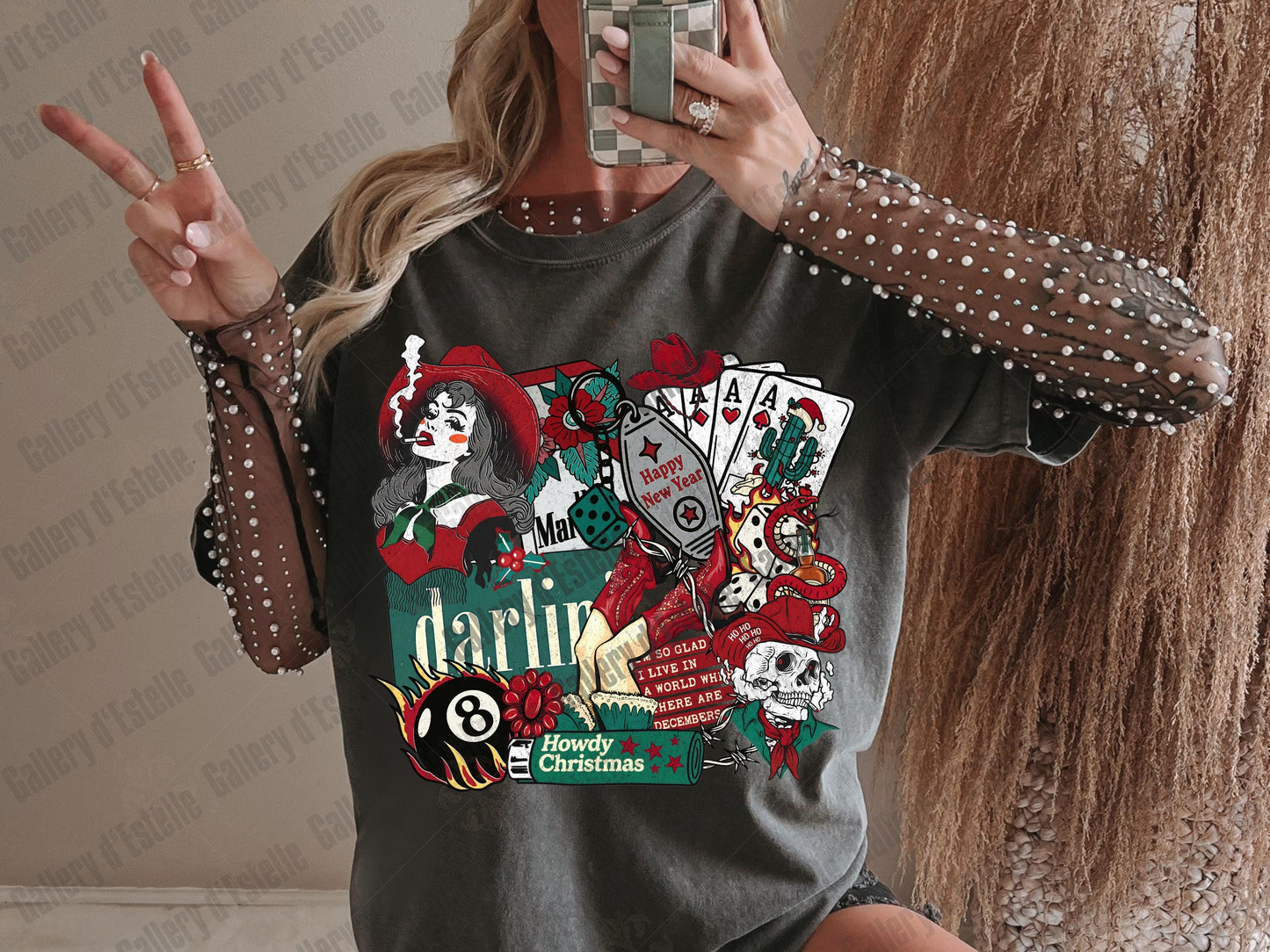Western Cowgirl Christmas Collage PNG, Festive Cowboy Skeleton Graphic, Gothic Santa Holiday Design, Edgy Country Shirt Design