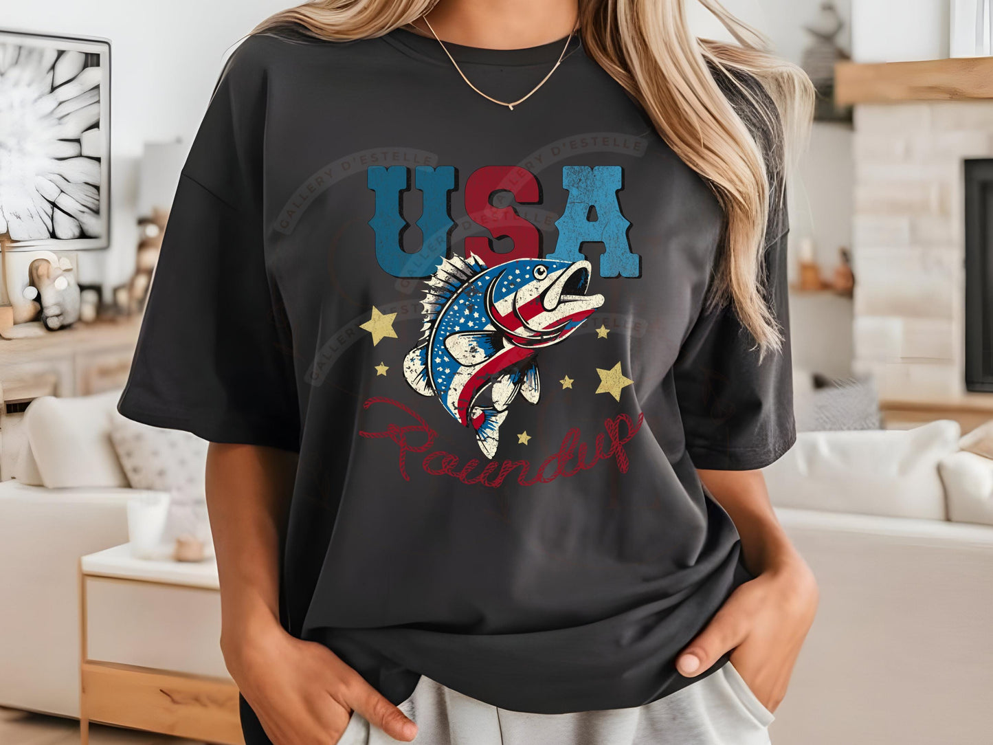 USA Roundup PNG, Retro Patriotic Bass Fish Graphic, Western 4th of July Independence Day Shirt Design