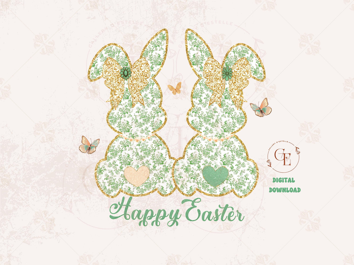 Coquette Green Toile Bunnies PNG, Vintage Glitter Lace Bow Graphic, Happy Easter Art, Country Chic Shirt Design