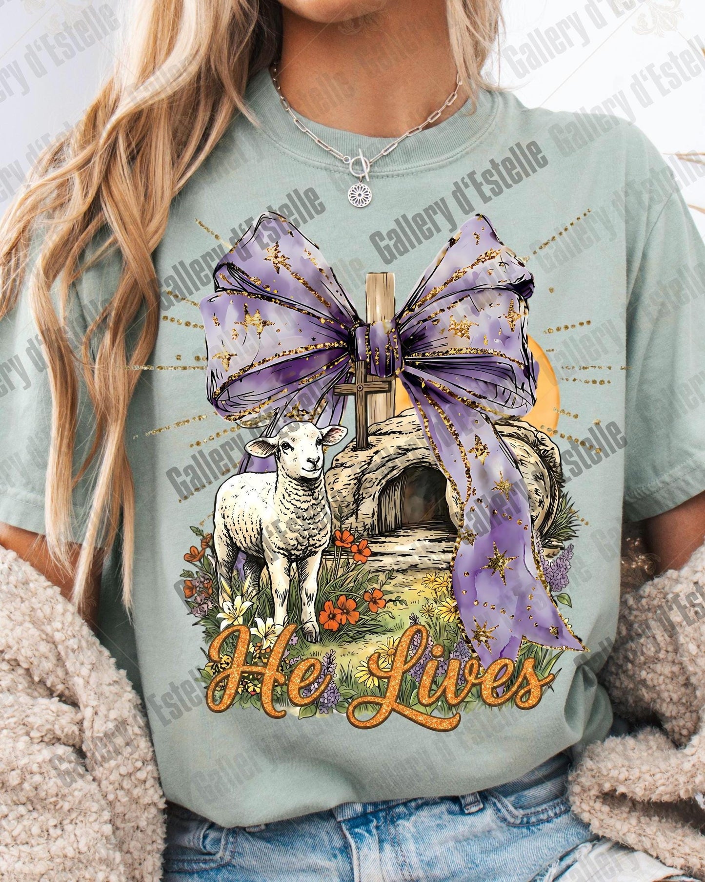 He Lives Easter PNG, Preppy Christian Resurrection Art, Retro Religious Lamb Graphic, Coquette Faith Shirt Design