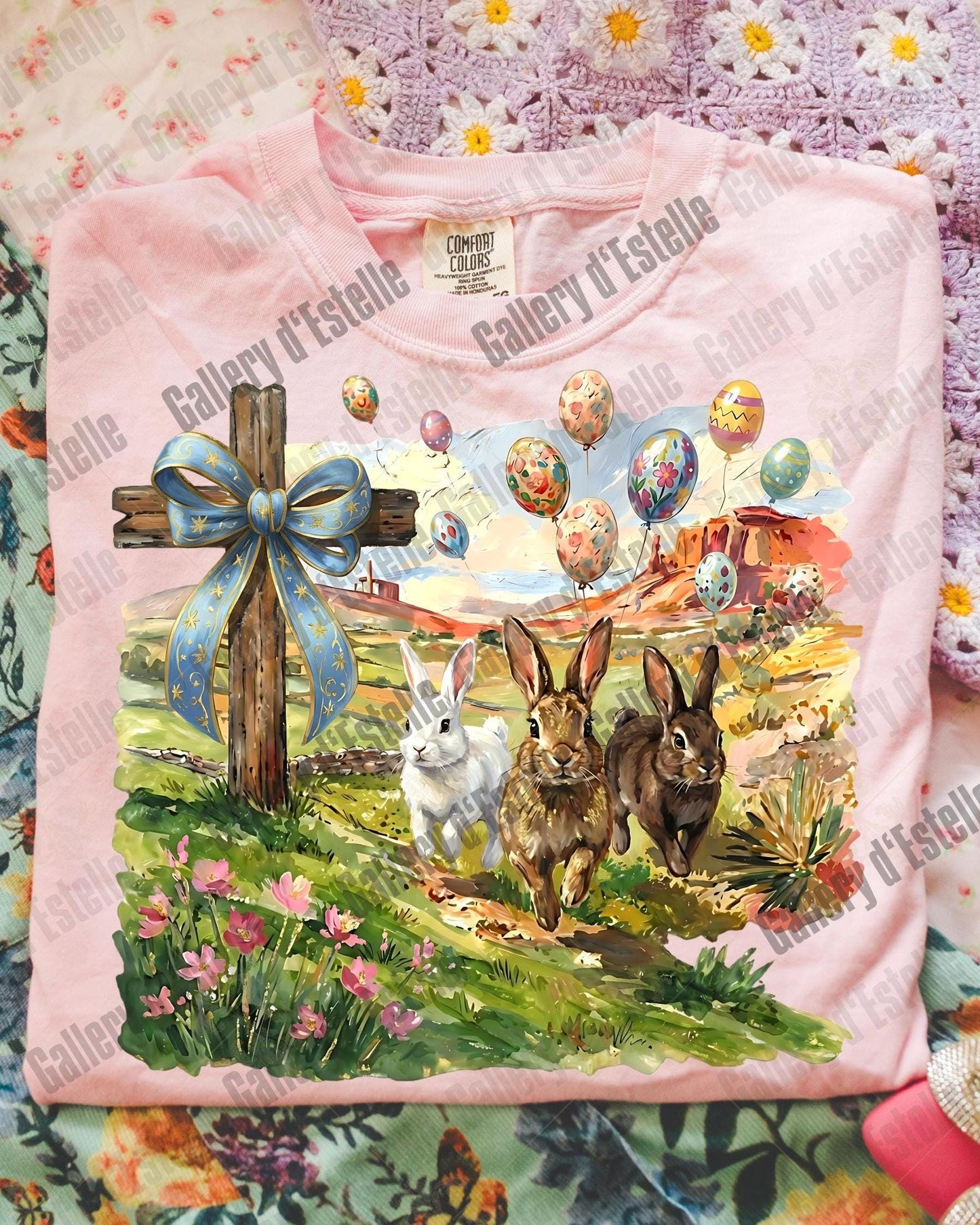 Christian Easter Bunny PNG, Coquette Cross Spring Scene, Vintage Religious Rabbit Art, Western Faith Shirt Design