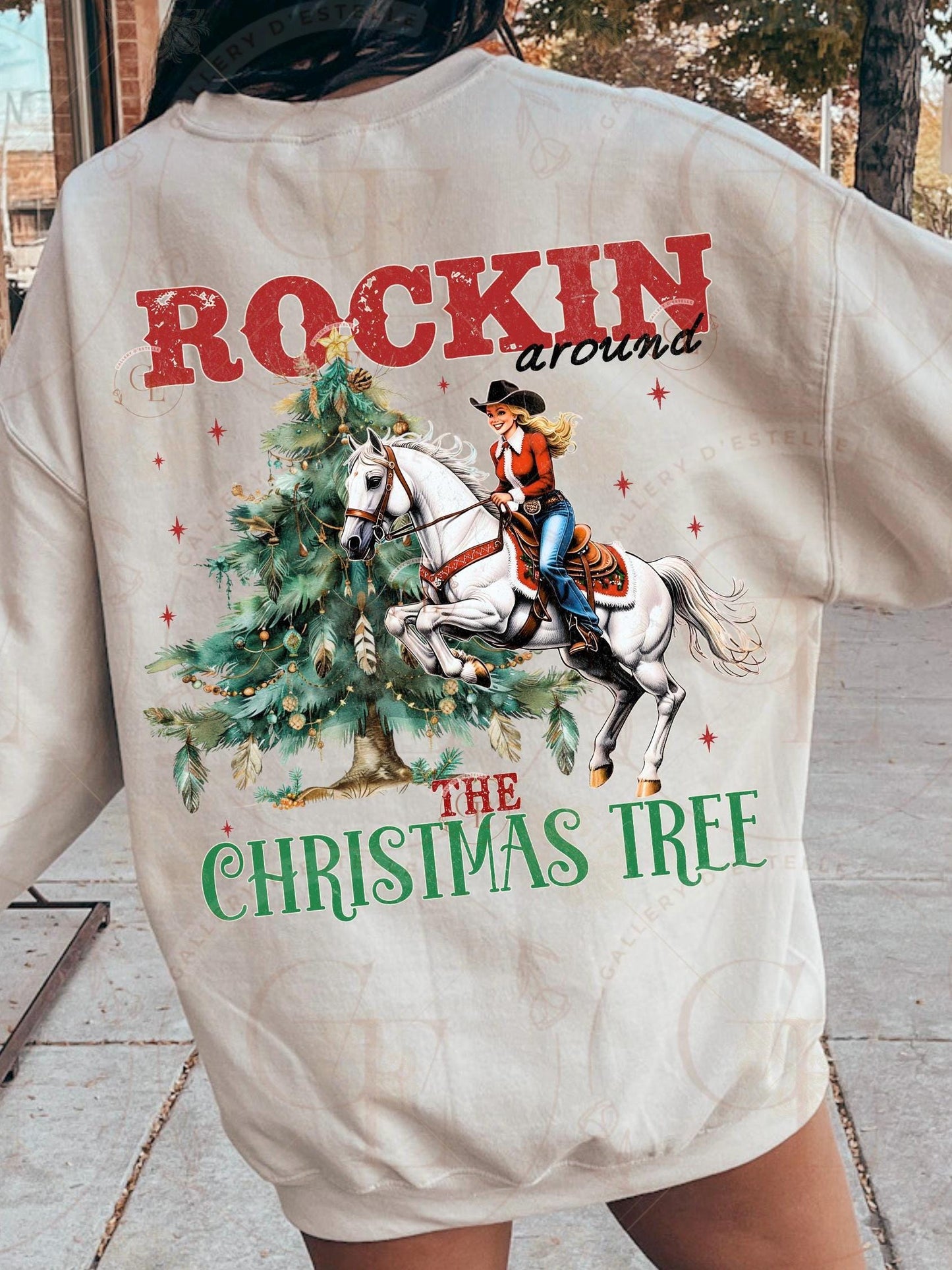 Rockin Around the Christmas Tree PNG, Retro Western Cowgirl Graphic, Festive Rodeo Design, Trendy Holiday Shirt Sublimation