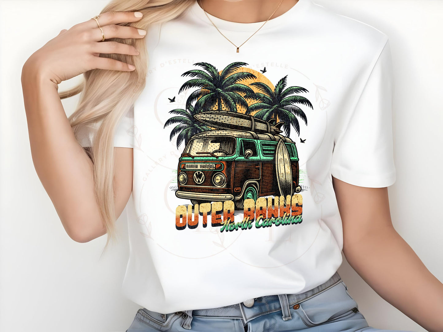 Outer Banks North Carolina PNG, Retro Surf Van Art, Beach Camp Life Graphic, Vintage Summer Shirt Design
