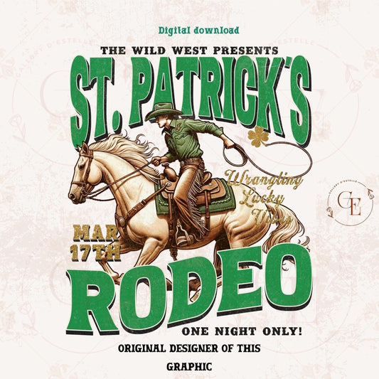 St. Patrick's Rodeo Western PNG, Vintage Wild West Cowboy Shamrock Graphic- Wrangling Lucky Vibes, Festive Country Shirt Design