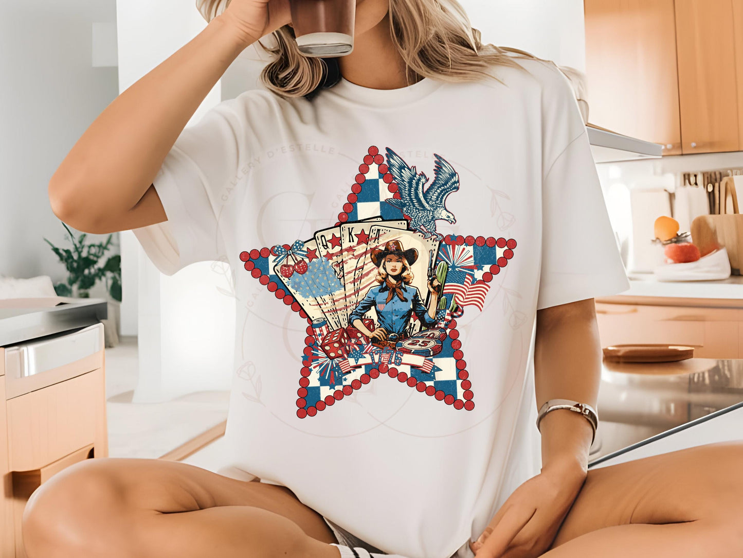 Retro Patriotic Cowgirl PNG, Vintage Checkered Poker Star Graphic, Western 4th of July Shirt Design