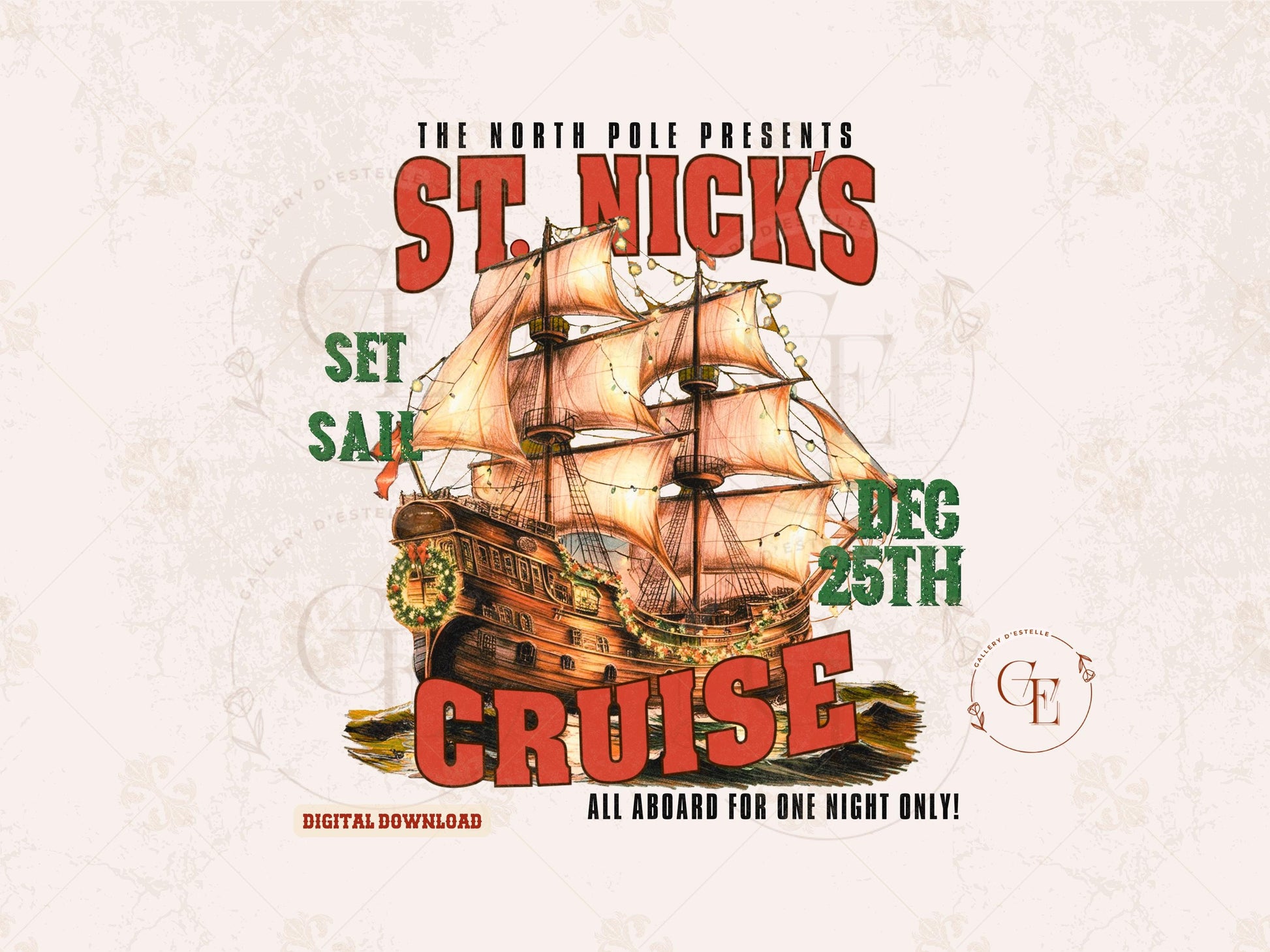 St. Nick's North Pole Cruise PNG, Vintage Christmas Sailing Ship Graphic, Western Cowboy Art, Festive Countrty Shirt Design