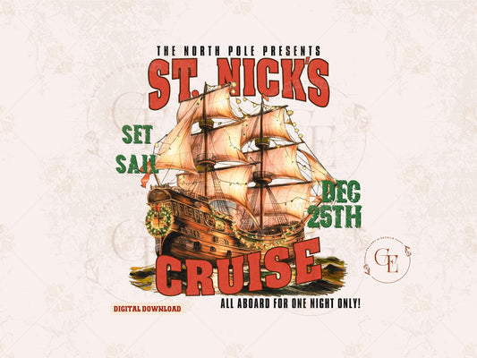 St. Nick's North Pole Cruise PNG, Vintage Christmas Sailing Ship Graphic, Western Cowboy Art, Festive Countrty Shirt Design