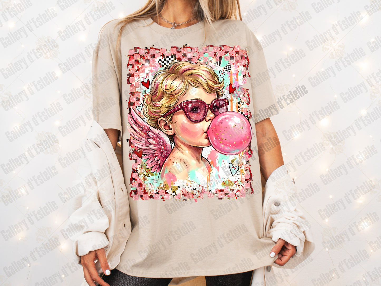 Coquette Cupid Bubblegum PNG, Retro Pink Valentine Graphic, Preppy Angel Art, Trendy Love Shirt Design