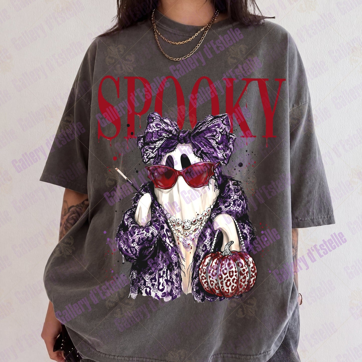 Preppy Spooky Ghost PNG, Coquette Halloween Graphic, Trendy Glam Ghost Shirt Design
