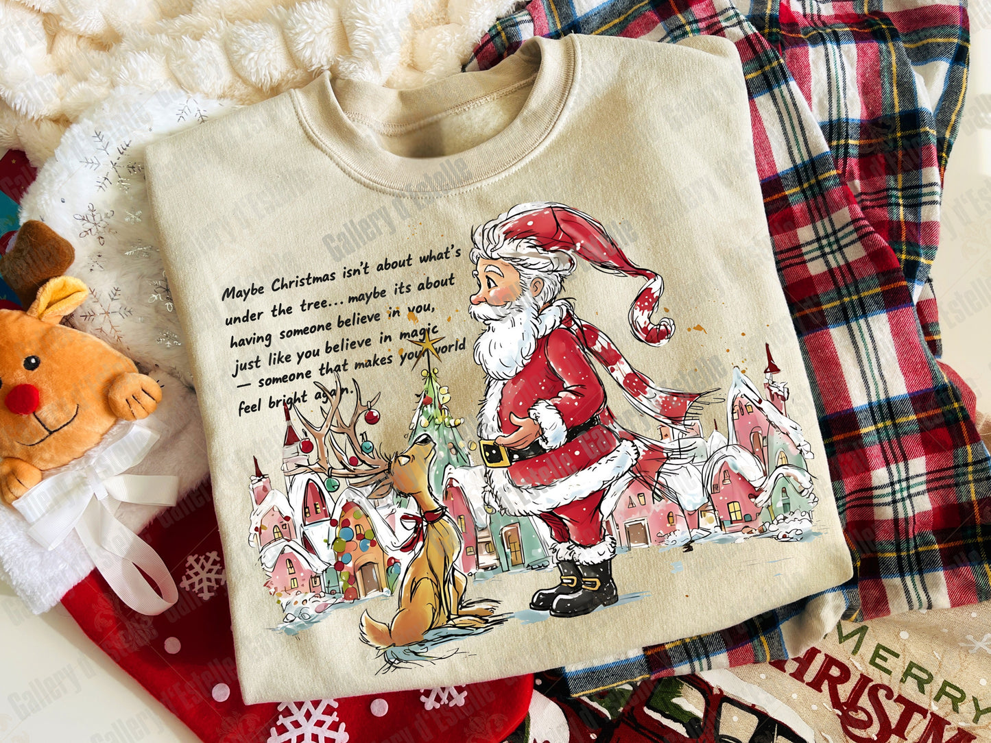 Festive Santa and Reindeer PNG, Retro Winter Town Graphic, Whimsical Holiday Sublimation, Coquette Christmas Shirt Design