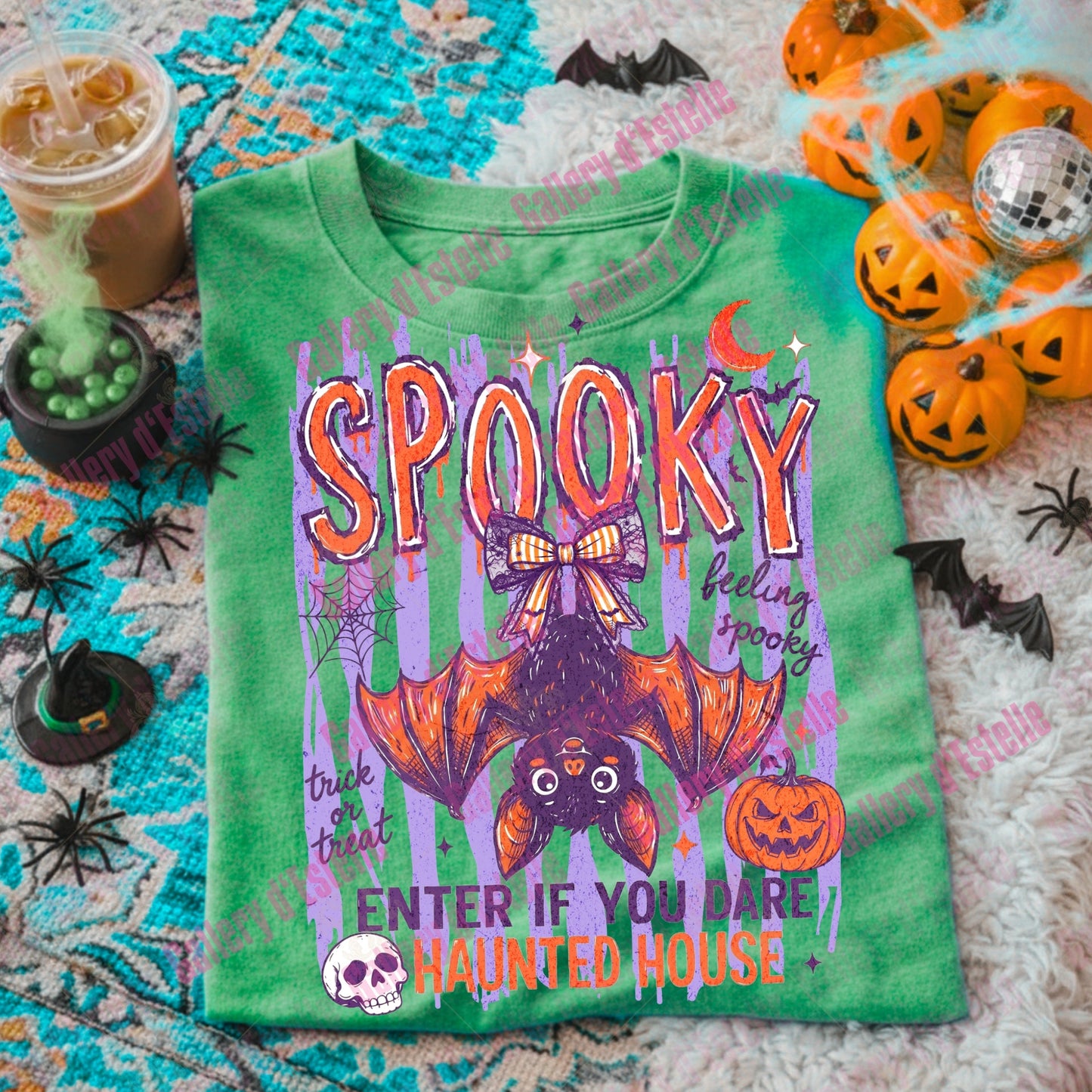 Spooky Bat PNG, Retro Haunted House Graphic, Coquette Halloween Shirt Design