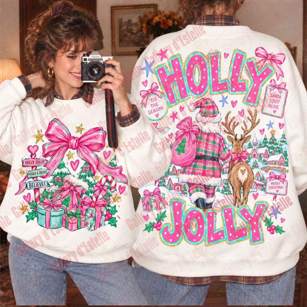 A person modeling a white Christmas-themed sweatshirt, showing both the front and back designs. The front features a large pink gift bow and presents with holly leaves, and the back displays 'HOLLY JOLLY' in pink letters with a reindeer, gifts, and a Christmas tree.