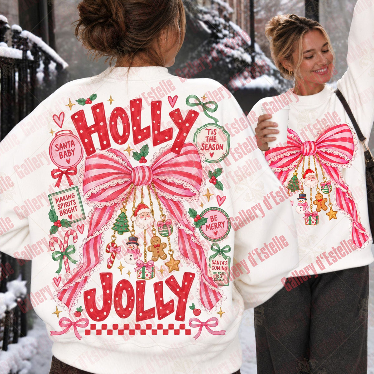 A white Christmas-themed sweatshirt shown on two models outdoors in the snow, highlighting the large back graphic with 'HOLLY JOLLY' text, candy canes, and a giant bow, alongside a smaller front view of the matching bow graphic on the chest.