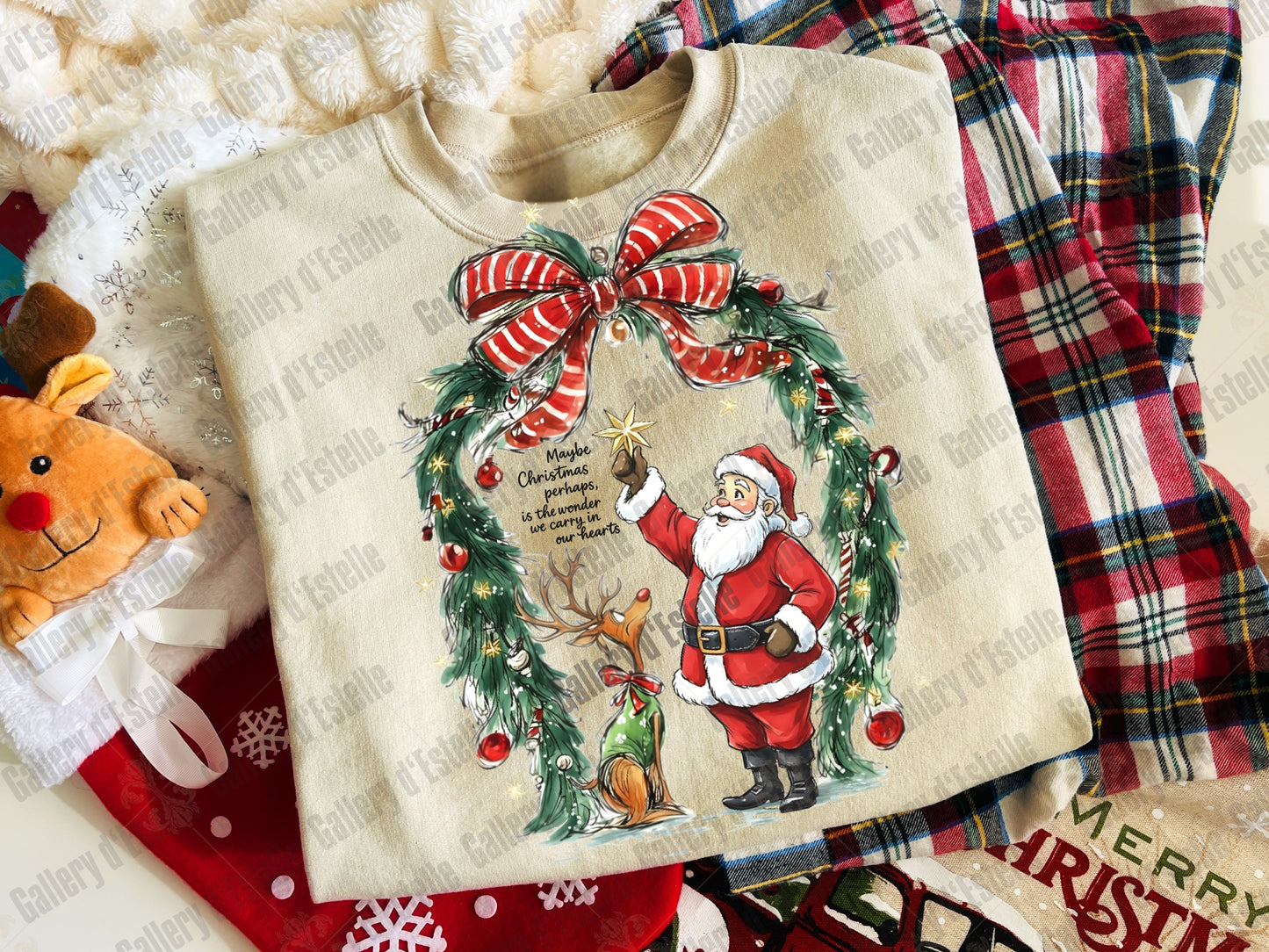 Retro Christmas Wonder PNG, Vintage Santa and Reindeer Graphic, Whimsical Holiday Sublimation, Festive Coquette Shirt Design