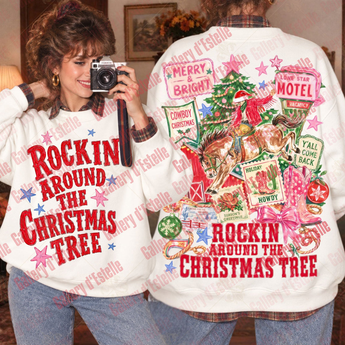 A person modeling a white Christmas sweatshirt, showing both the front and back designs. The front features the text 'ROCKIN' AROUND THE CHRISTMAS TREE' in red with blue and pink star accents.