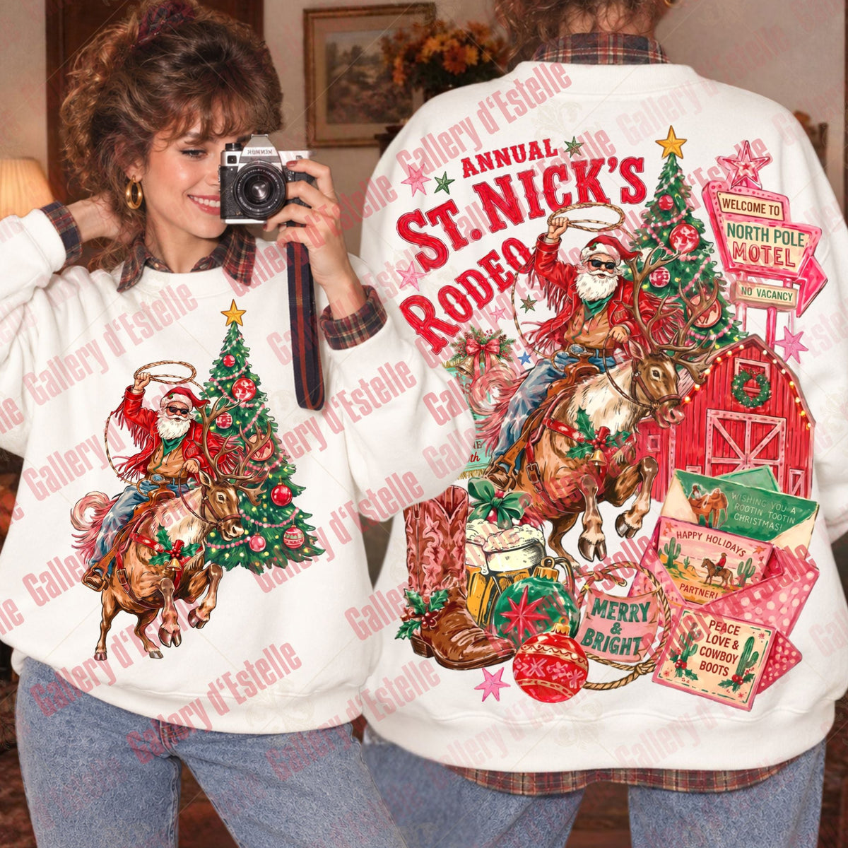 A woman modeling matching white Christmas-themed sweatshirts with large St. Nick's Rodeo graphics.