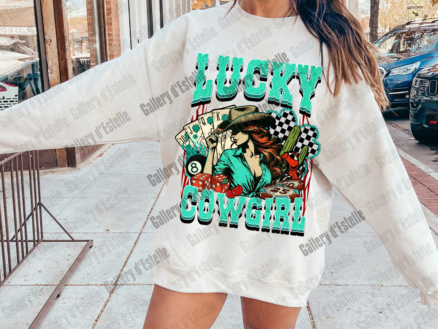 Lucky Cowgirl PNG, Retro Western Casino Aesthetic, Checkered Shamrock Graphic, Wild West Country Shirt Design