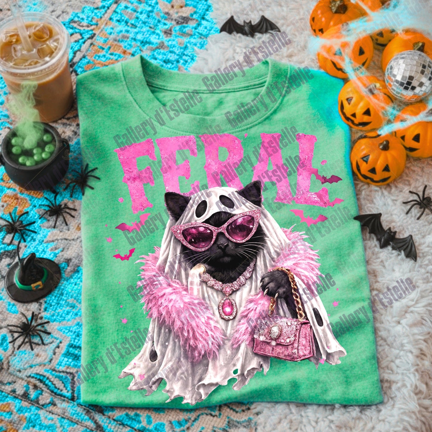 Feral Spooky Cat PNG, Retro Glam Ghost Graphic, Coquette Halloween Shirt Design